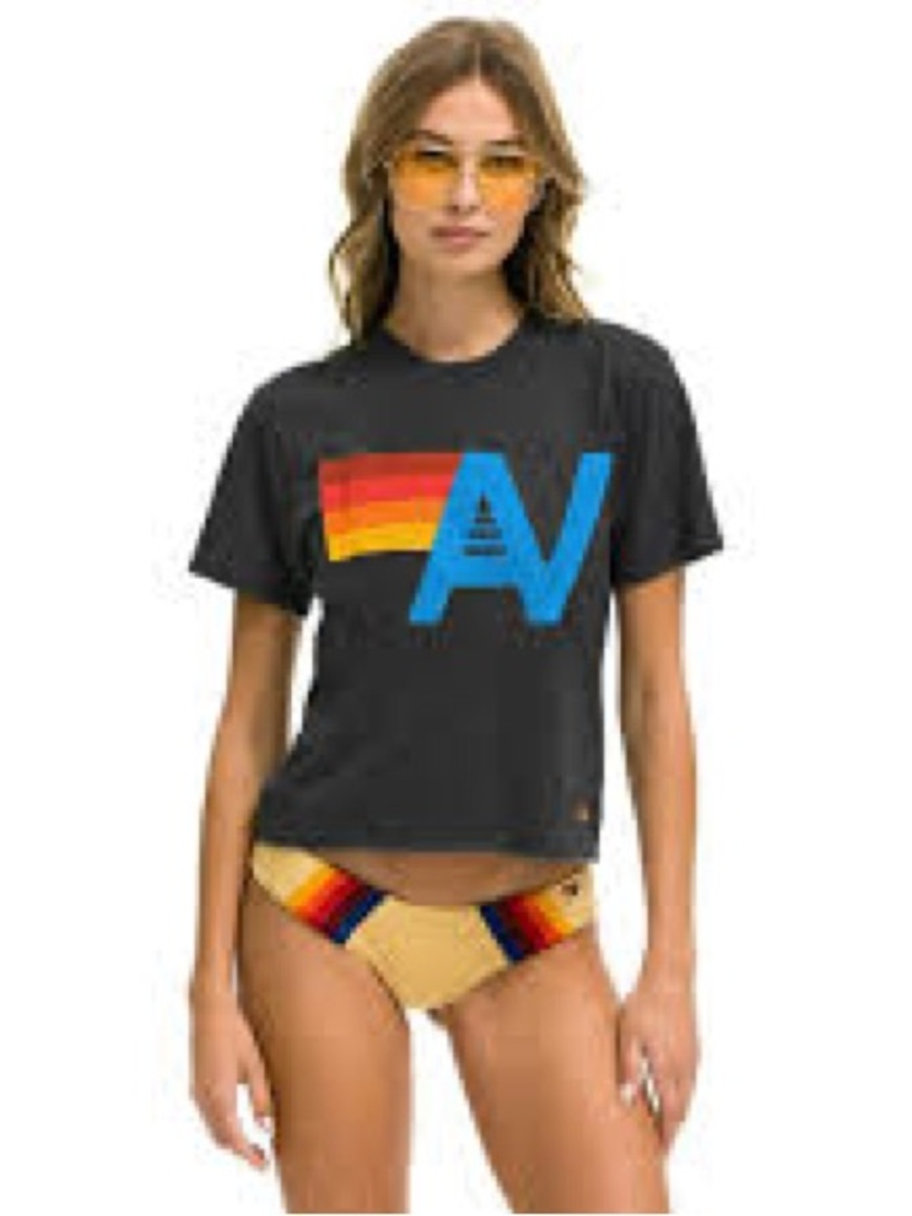 Aviator Nation charcoalTee with Blue AV Logo & Rainbow Stripe Tan Bikini Bottoms